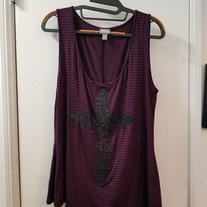 Scoop neck striped tank top with back lace inset and caviar beading cross